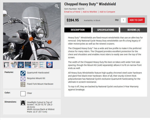 National Cycle N2270 Chopped Heavy Duty Windshield  HD Jap Triumph Indian Victory