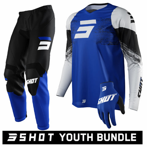 Shot Youth RAW Burst Blue Kit Bundle (Jersey: Years 6-7, Pants: Years 6-7, Gloves: Not included)