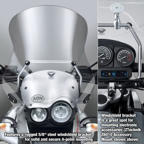 This BMW R1150GS Windscreen V-stream Windshield ZTechnik Z2422, Clear Tall Touring Screen rugged 5/8-inch steel lateral bracket adds stability and strength. Substantially improved airflow and wind protection are immediately evident with ZTechnik's new windshield. Beyond the increased size, this windshield is made from 4.5mm hardcoated Lexan FMR polycarbonate sheet. It resists everyday scuffs and wears 100x better than the stock shield. And as well, it is optically transparent.
