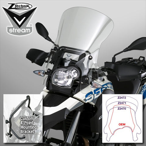 The BMW G650GS Windscreen V-stream Windshield Ztechnik Z2472 Clear Touring Screen 12-16 is designed for highway wind and weather protection for the adventure rider who finds himself on the highway more than off road.   The advanced, patent pending "V" profile and three-dimensional contours of all VStream windshields create a calm and quiet air pocket for the rider. This improvement is notable for the passenger as well. Every aspect of finishing a shield will contribute to the comfort level.